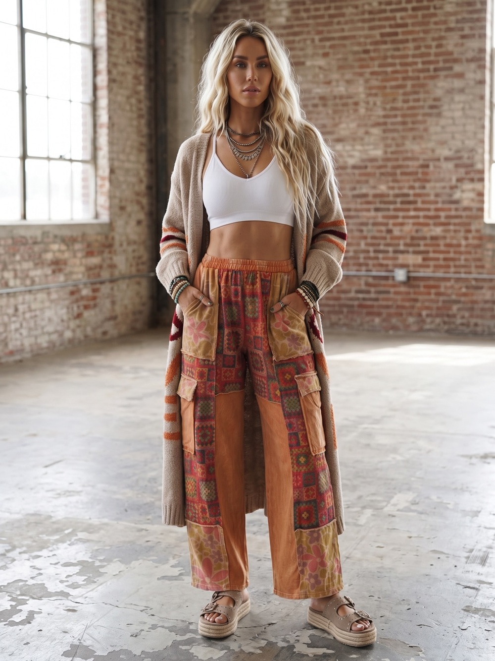 NWT J.Her Granny Square Tile Boho Print Cargo Pocket Pants - Picture 2 of 14